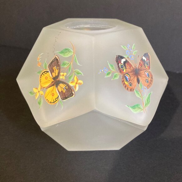 Vtg Westmoreland Satin Glass Fairy Lamp Monarch Butterflies Pentagon Frosted 2pc - Picture 4 of 10